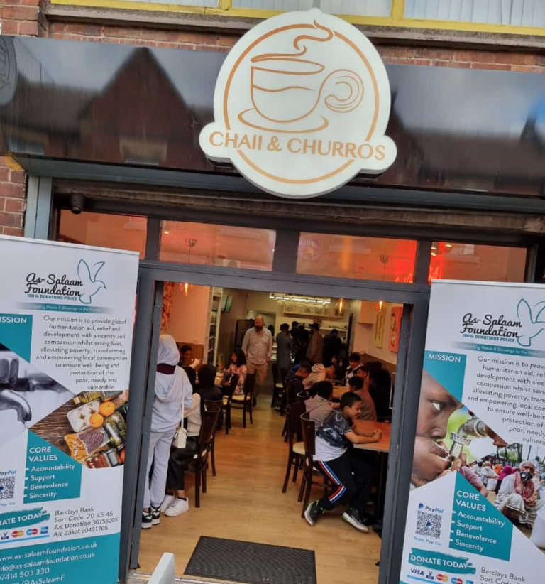 The Chaii and Churros shop in Sheffield with As-Salaam banners outside as part of the day of giving charity event.